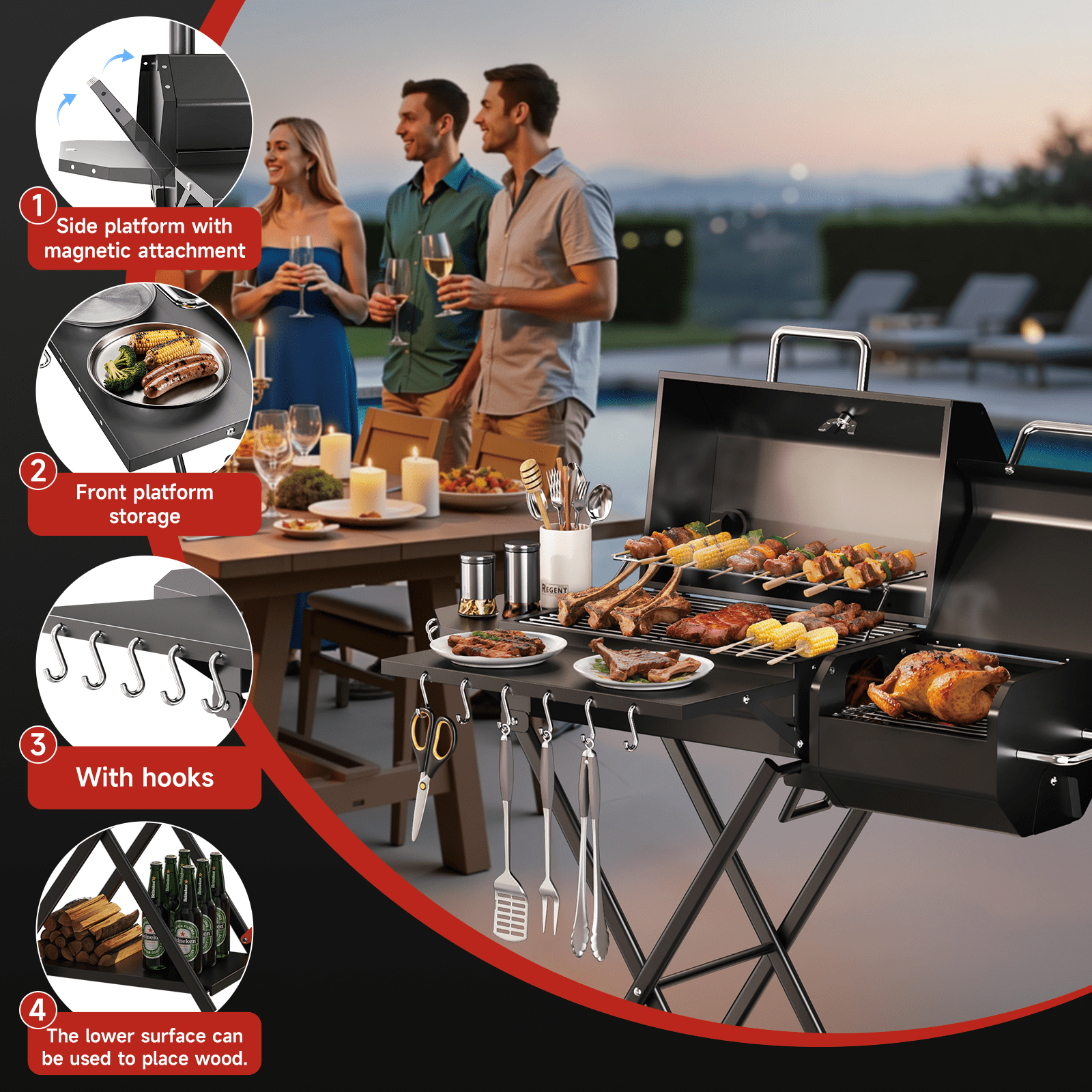 KScocina Barrel Charcoal Grill with Offset Smoker, 2-in-1 Foldable Suitcase BBQ Combo, 600 sq. in. with Waterproof Cover, for Outdoor Grilling and Backyard Cooking, Black