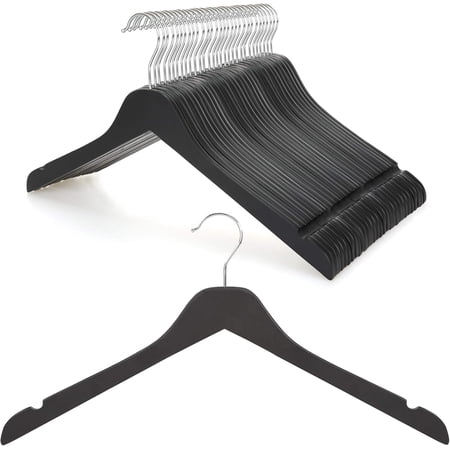 30-Pack Black Wooden Hangers - Slim, Space-Saving Design with Smooth Notches, 0.28-Inch Thick, Ideal for Shirts, Coats, and Camisoles
