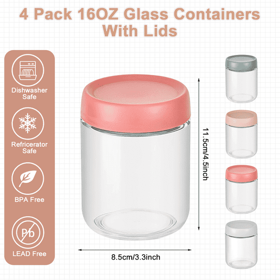 4 Pack 17.5 oz Glass Overnight Oats Containers with Lids and Spoons, Leakproof Mason Jars for Breakfast Yogurt Cereal and Cereals Milk Dressing Sauce