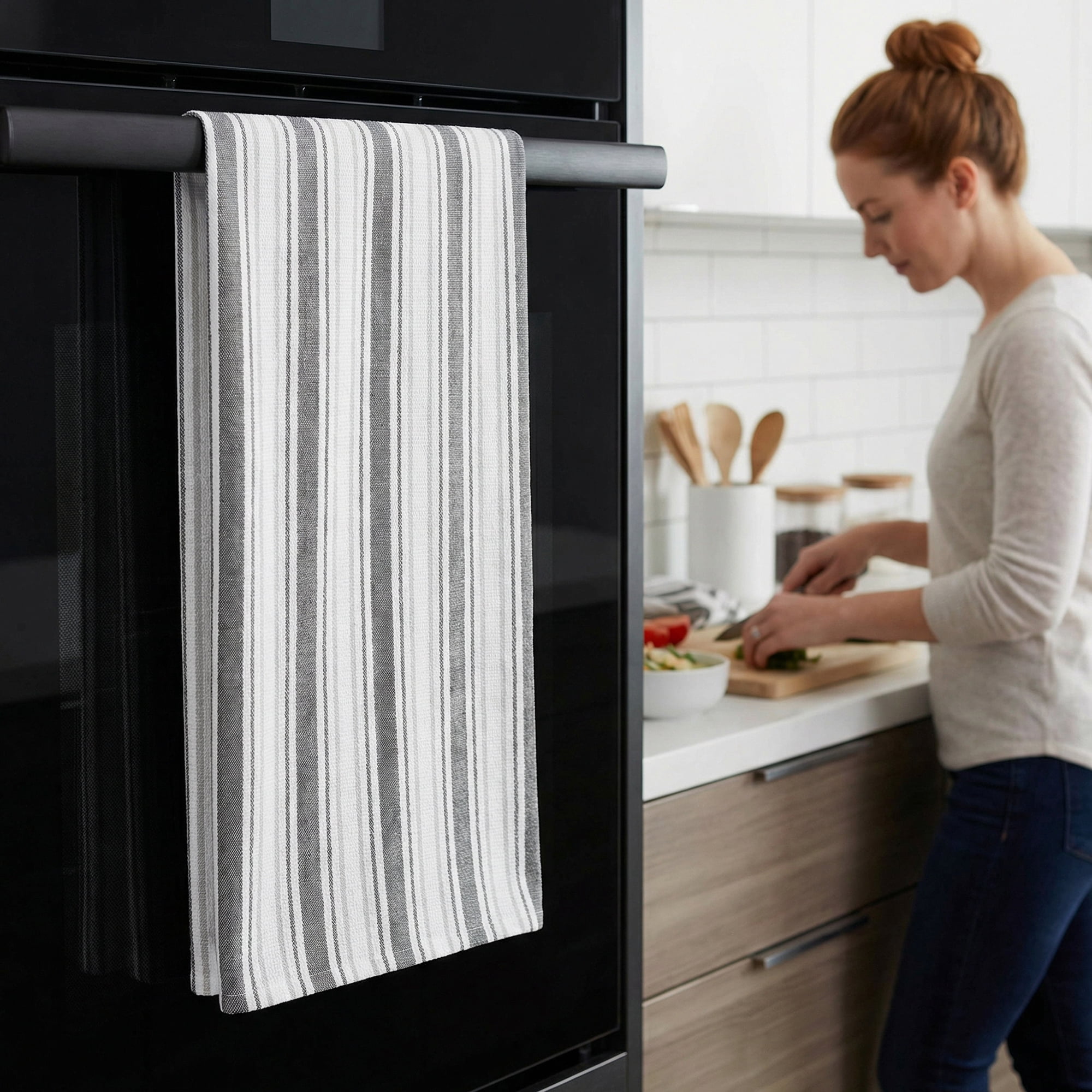 Unique Bargains Striped Cotton Kitchen Towels Black 26" x 18"
