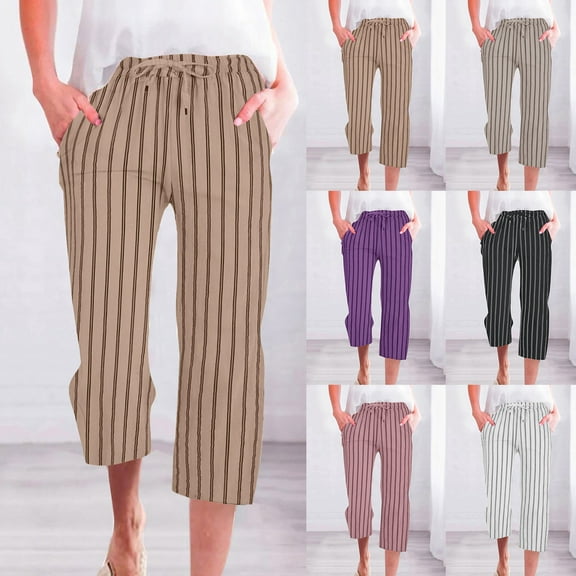 pstuiky Wide Leg Pants Woman, Cotton and Linen Striped Loose Cropped Plus Size Pants Drawstring Pants with Pockets Simple Gym Clothes Beige XXXXL