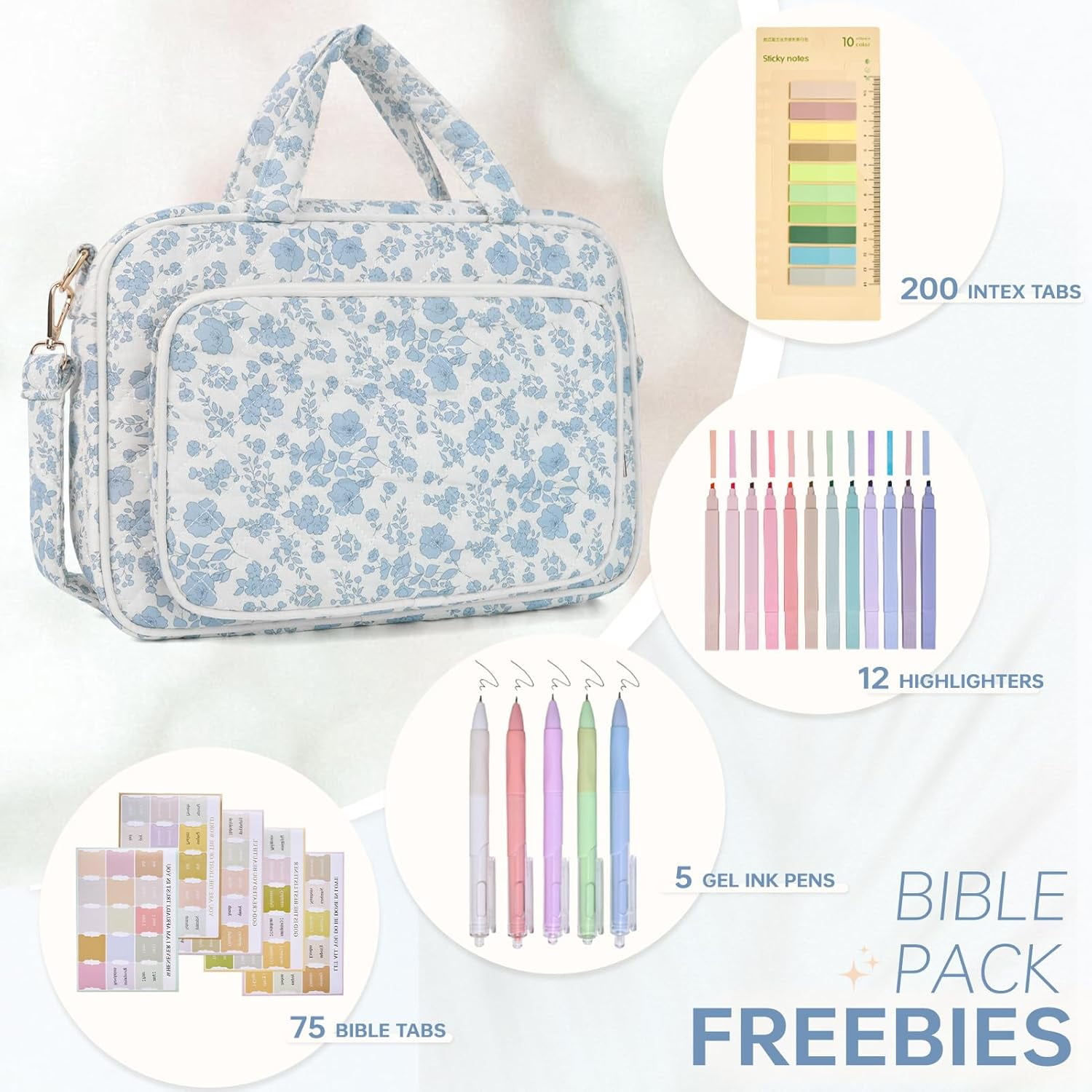 TAVENE Bible Cover Case for Women Bible Study Supplies Church Camp Essentials Christian Gifts for Women Journaling Kit Quilted Large Bible Book Sleeve (Blue Flower, Large)