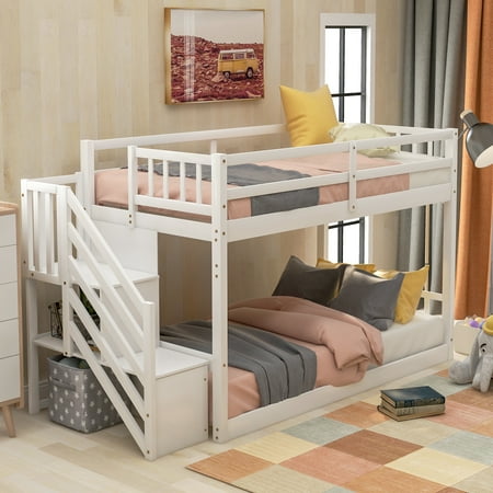 Euroco Wood Twin over Twin Floor Bunk Bed with Staircase for Kids Teens Room White
