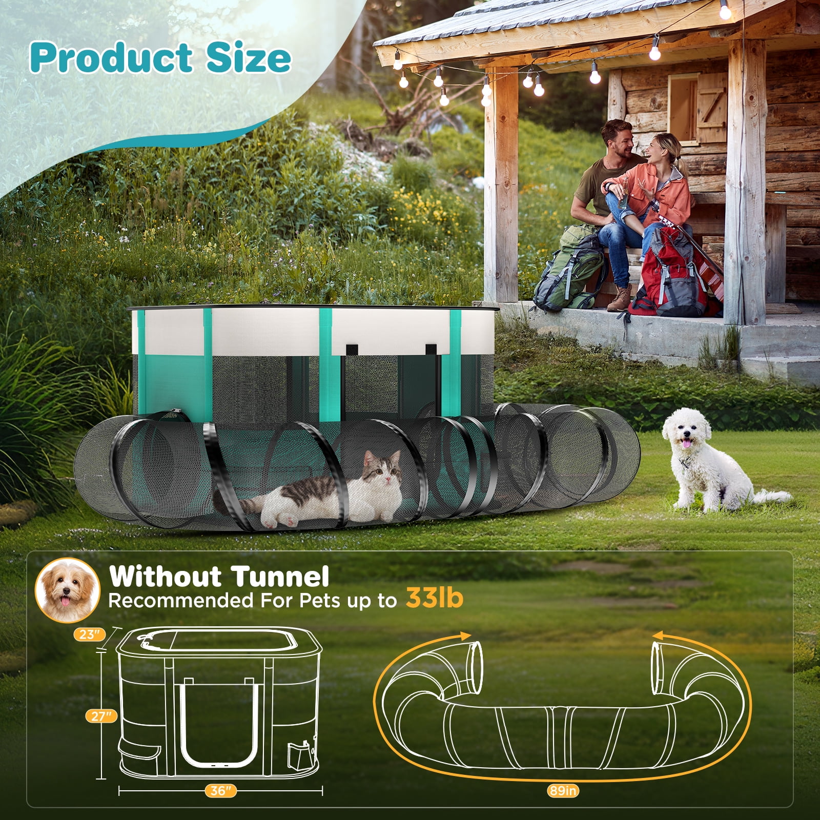 BEBANG Outdoor Cat Enclosure, Portable Dog Playpen with Removable Tunne, Indoor Outdoor Cat Kennel Tent Crate for Small Animals, L