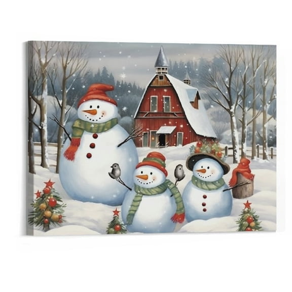 Creowell Snowman Christmas Canvas Wall Art: Farmhouse Christmas Decor Snowman Family Barn Picture Winter Holiday Farm Scene Poster Framed Home Decoration 20x16 Inch