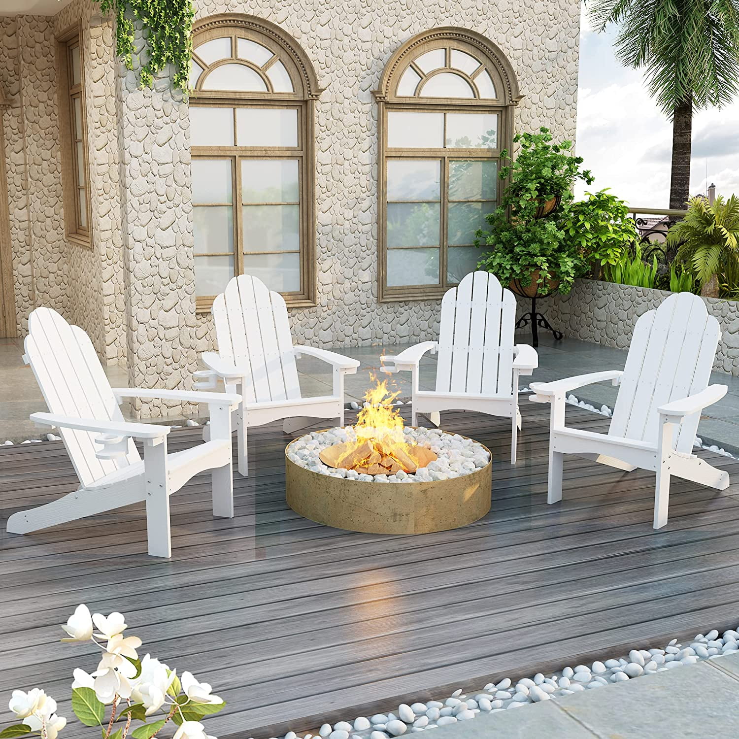 LUE BONA Adirondack Chairs Set of 4, Polywood Composite Adirondack Chair with Cup Holder, White