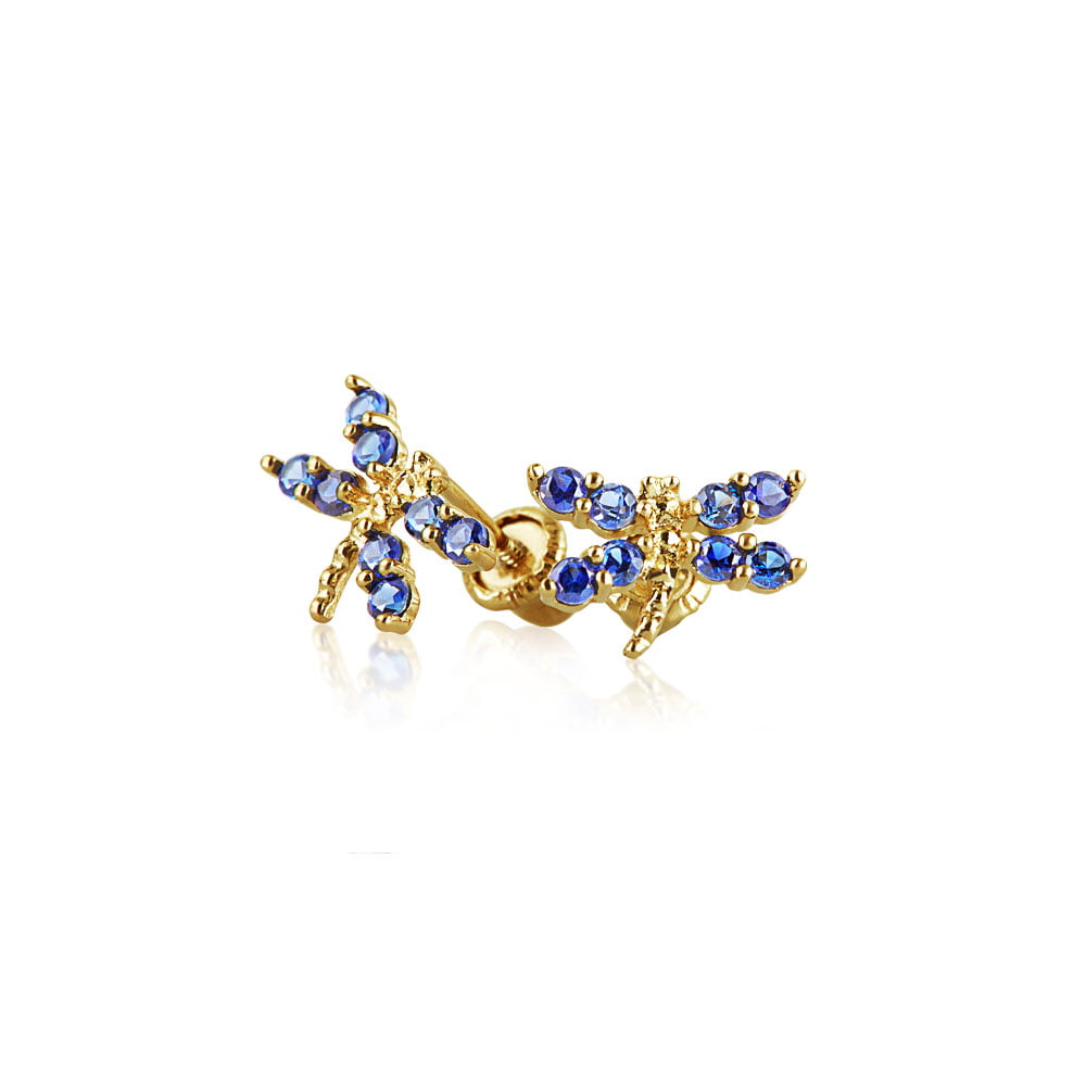 10K Solid Yellow Gold Butterfly Cz With Sapphire Screw Back Earrings!!