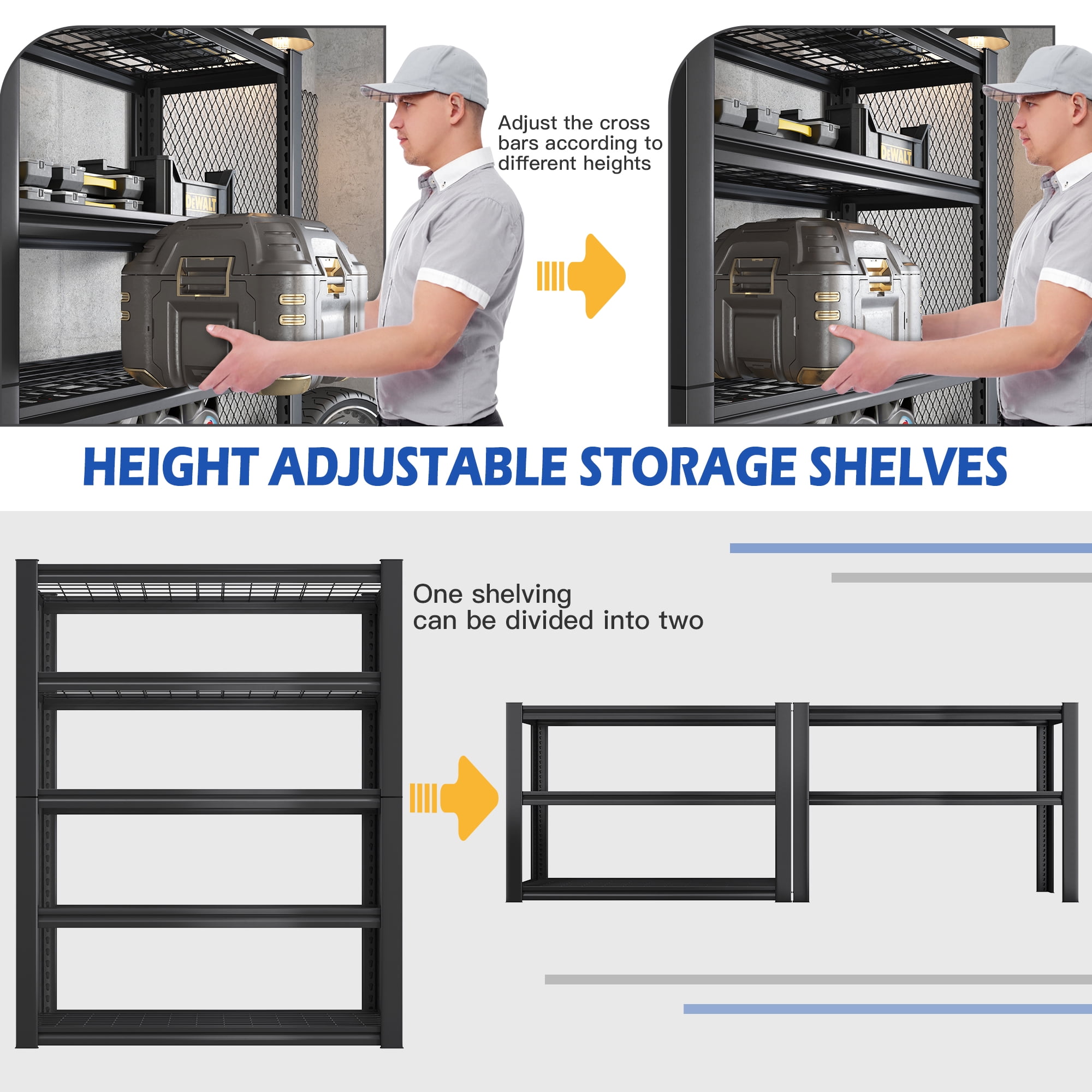 REIBII 2 Pack 5-Tier Garage Shelving Unit Heavy Duty Storage Shelves Holds 2000LBS, Adjustable Metal Shelving Garage Storage Shelves Industrial Shelving Unit for Basement,Black
