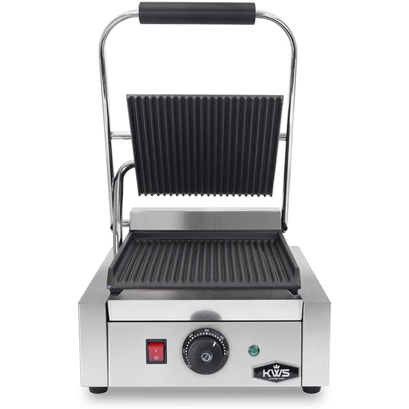 KWS PM-16 Premium 110V Electric Commercial 1600W Panini Grill with Grooved Plates - 9.25" x 8.8" Cooking Surface Restaurant/Deli/Butcher Shop