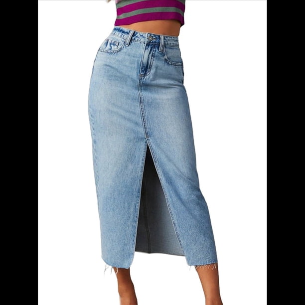 Falda Vaquera Elástica de Cintura Alta para Mujer, con Dobladillo Deshilachado, Corte A, Midi y Bolsillos. Azul M