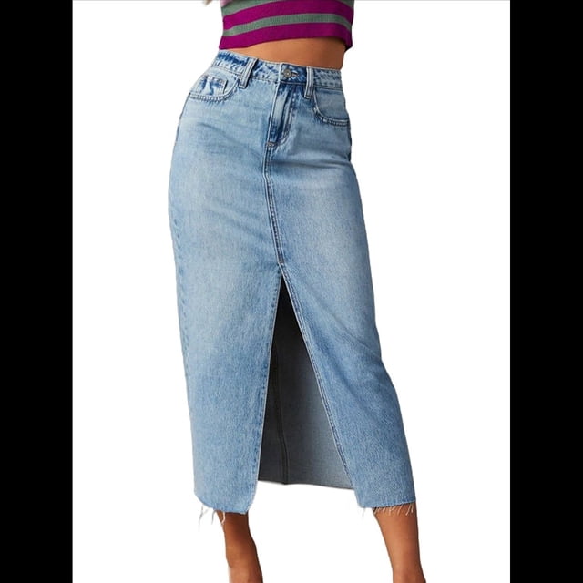 Falda Vaquera Elástica de Cintura Alta para Mujer, con Dobladillo Deshilachado, Corte A, Midi y Bolsillos. Azul M