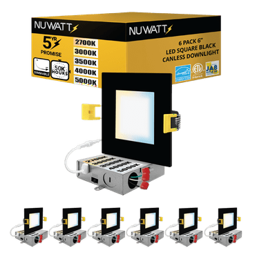 NUWATT 6 Pack 6 Inch Square Ultra-Thin LED Recessed Lighting, Selectable 2700K/3000K/3500K/4000K/5000K, High Brightness 1050 Lumens, Dimmable Black Slim Wafer Light, IC Rated, Metal Junction Box