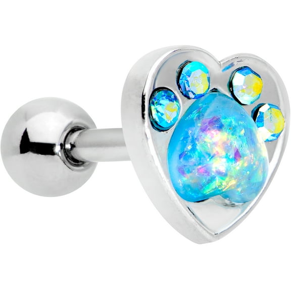 16 Gauge 1/4" Blue Faux Opal Paw Print Heart Cartilage Tragus Earring