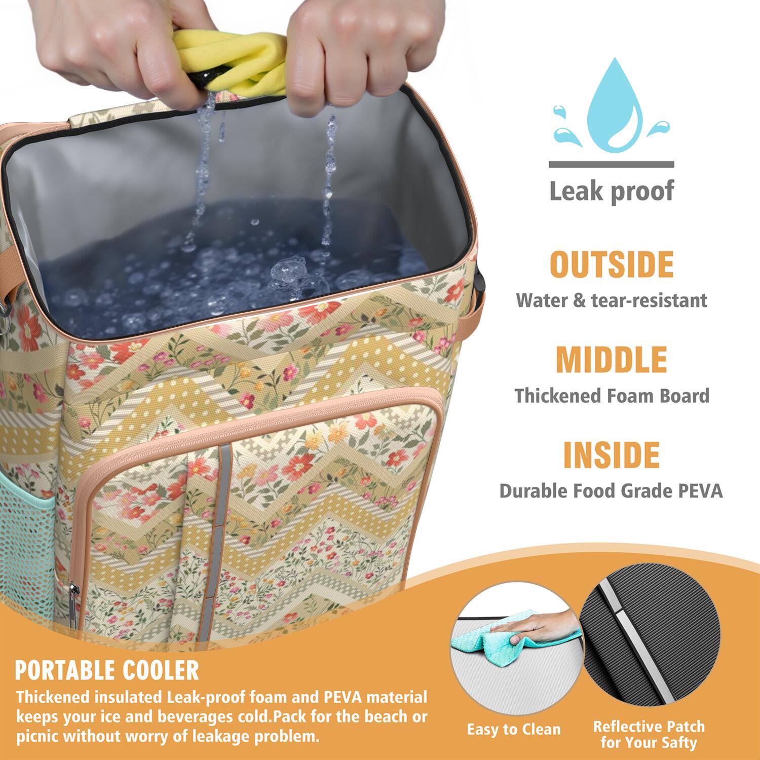 Travel Cooler Bag - Pioneer Flower Floral Print Pattern Camping Beer Cooler Backpack with Bottle Opener- Waterproof Insulated Picnic Backpacks - Cooler Bag for Beach
