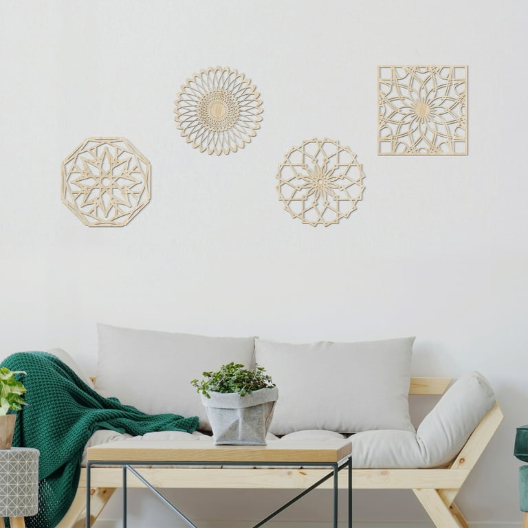 Mandala Wooden Wall Art Set of 4 Nature Themed Floral Details Geometry Birch Wood Plywood Rustic Wall Art Accent for Hallway Bedroom Living Room and