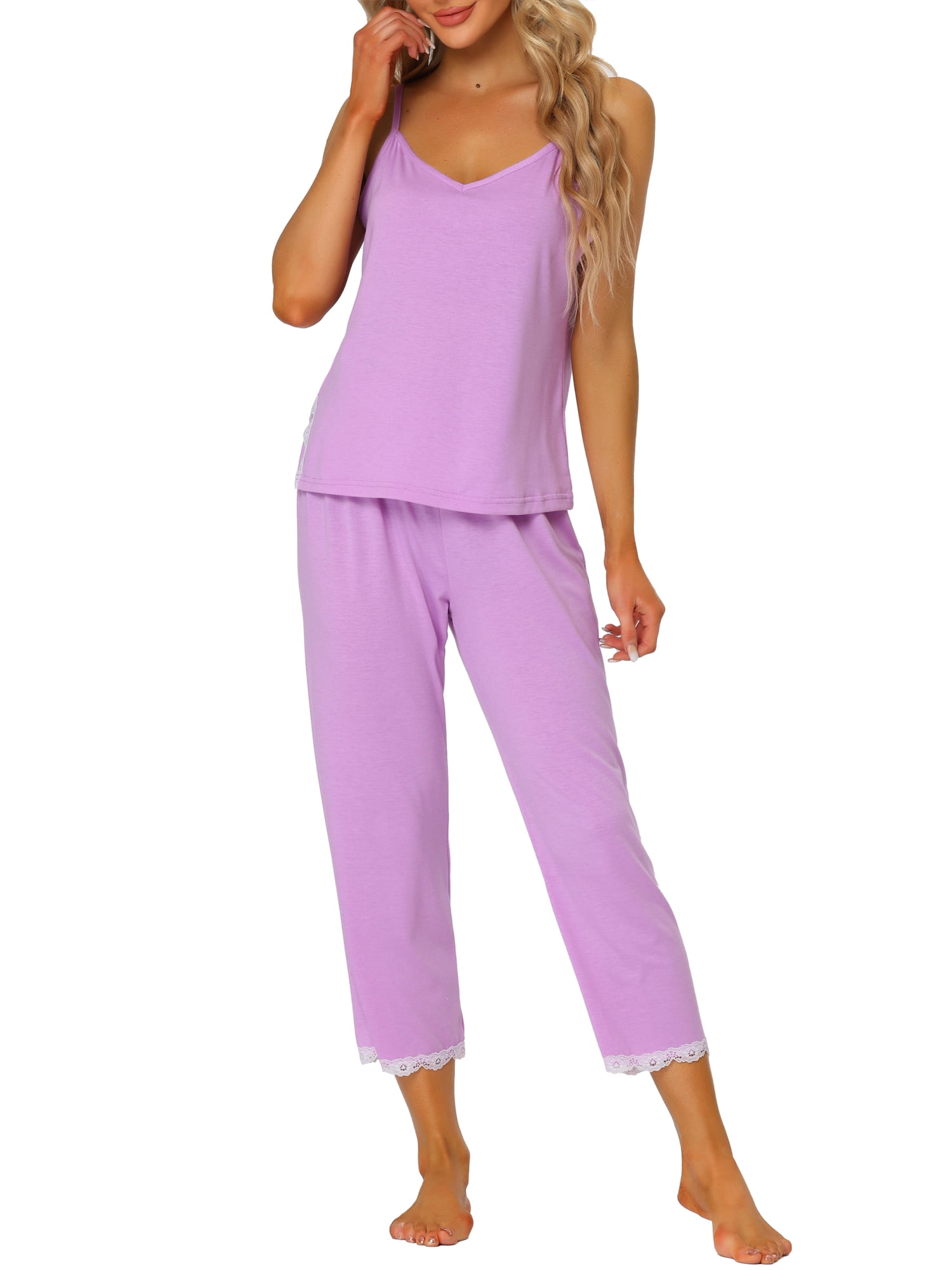 Unique Bargains Women Womens Cami Top Capri Pajama Set Soft Modal Lace Trim Sleep Sets