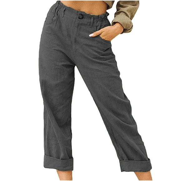 Fartey Cotton Linen Cropped Pants for Womens Summer High Elastic Waist Straight Leg Capris with Pockets Solid Color Classic Cuffed Trousers