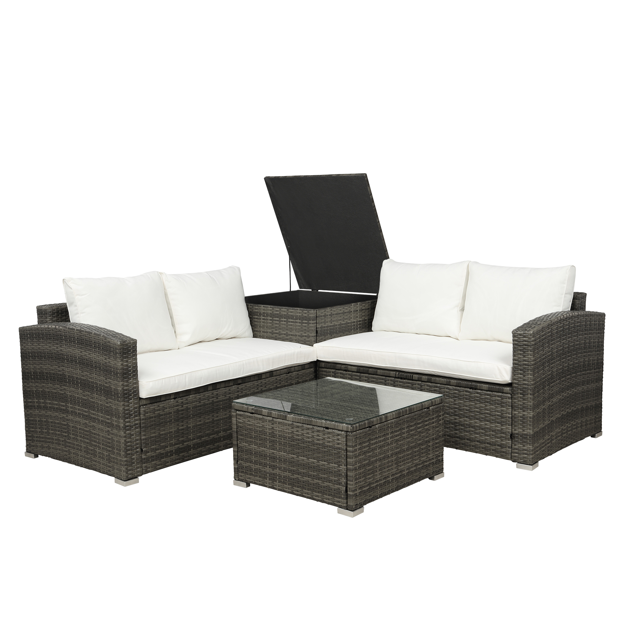 Outdoor Patio Deck Table and Chairs Sets, 4-Piece Wicker Sofa Patio Conversation Furniture Set w/ L-Seats Sofa, R-Seats Sofa, Cushion box, Tempered Glass Dining Table, Padded Cushions, Beige, S13115 - image 1 of 7