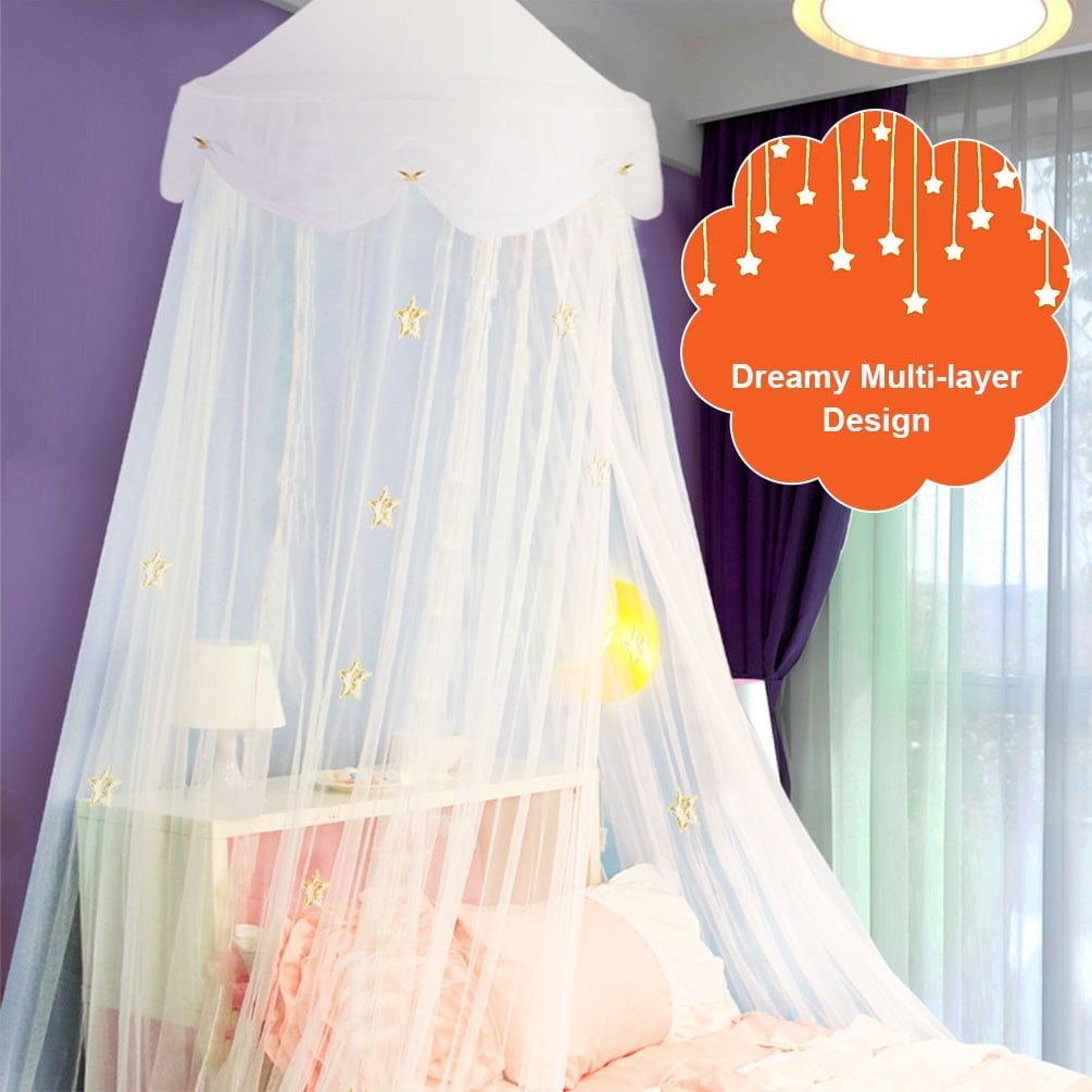 Blue/White Installation-Free Uarter Bed Canopy Mosquito Net for Kids Bed Conical Curtains Kids Play Tent with Stars for Boys and Girls