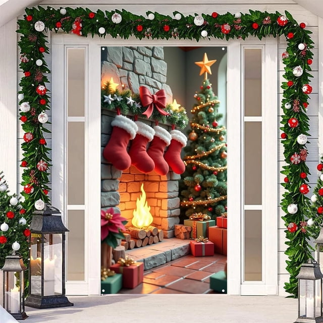 BotaniNest Décorations de Rideau de Porte Rouge Bannière de Porte d'Entrée Joyeux et Train Décorations Extérieures et Années Décorations de Fête d'Hiver Entrée Porche