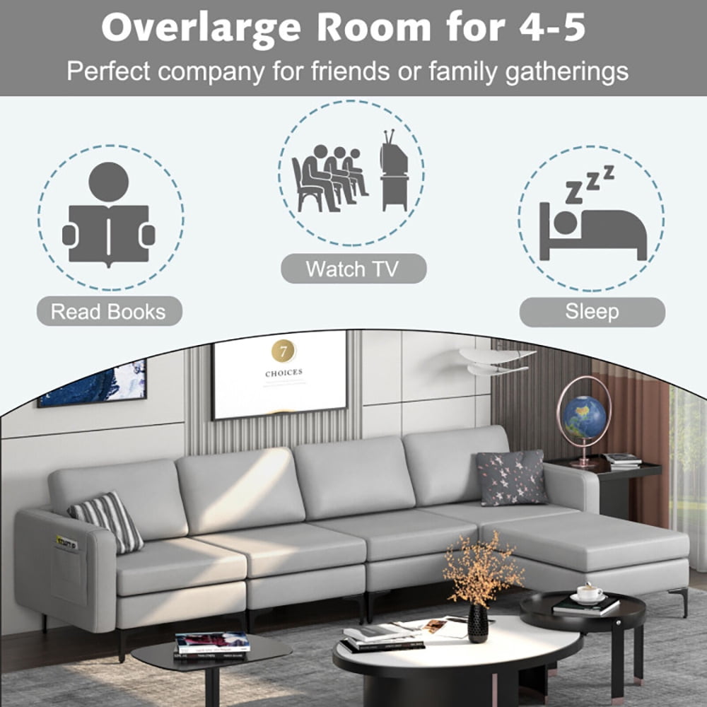 Finihen L-shaped Sectional Sofa Couch, Convertible Sectional Sofa, Modular L-shaped Sectional Sofa with Reversible Ottoman and 2 USB Ports, for Living Room, Light Gray Finihen L-shaped Sectional Sofa Couch, Convertible Sectional Sofa, Modular L-shaped Sectional Sofa with Reversible Ottoman and 2 USB Ports, for Living Room, Light Gray
