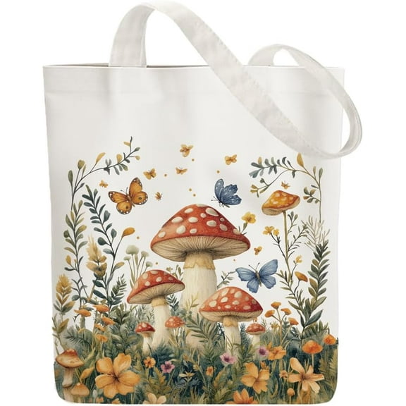 1 pc Canvas Tote Bag Mushroom Woodland Reusable Cotton Bag for Women Durable Cloth Shoulder Bags with Zipper Pockets for Shopping Vacation Work Gym