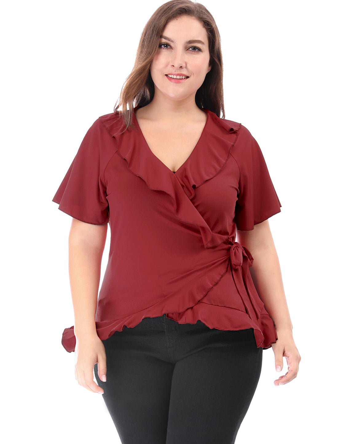 Women Plus Size V Neck Trumpet Sleeves Ruffled Wrap Blouse Red /2X ...