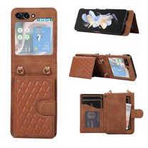 ELEHOLD Case for Samsung Galaxy Z Flip 7, Shockproof Leather Wallet Stand Phone Case with Shoulder Strap,Brown