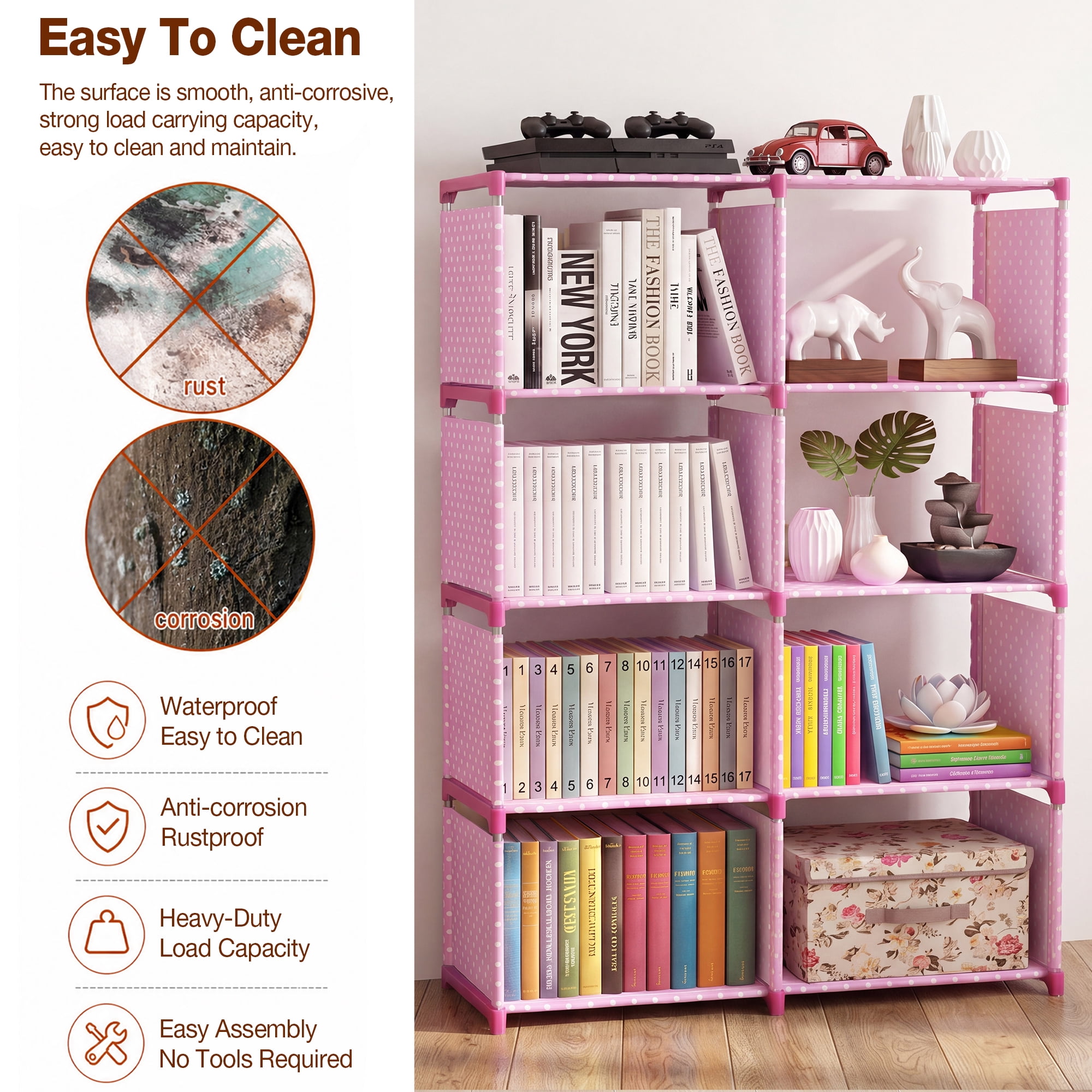 HONEIER Bookshelf, 8-Cube Storage Organizer, 5-Tier Open Bookcase for Bedroom Living Room Office, Pink