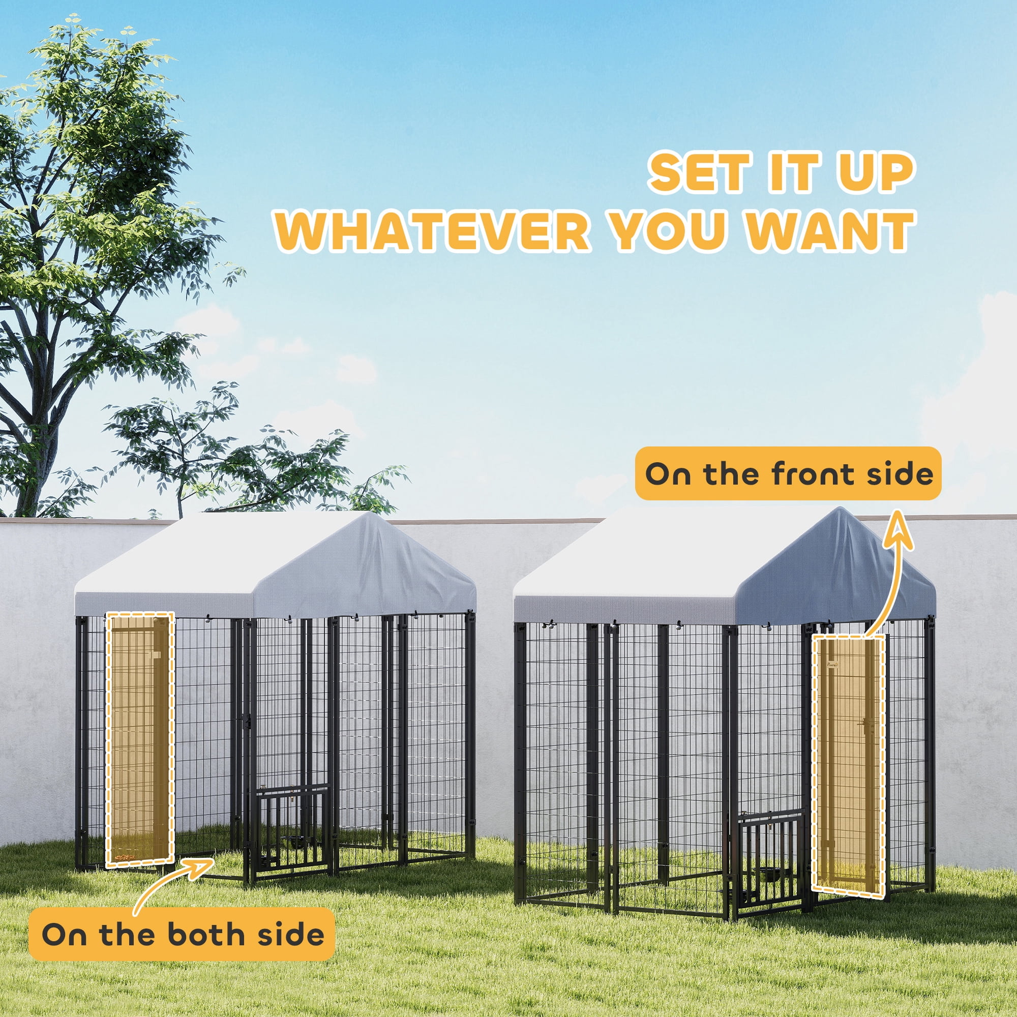 PawHut Outdoor Dog Kennel with Roof, 5.9' x 4' x 6' Heavy Duty Welded Wire Dog Playpen Fence with Rotating & 4-Level Adjustable Feeding Bowls