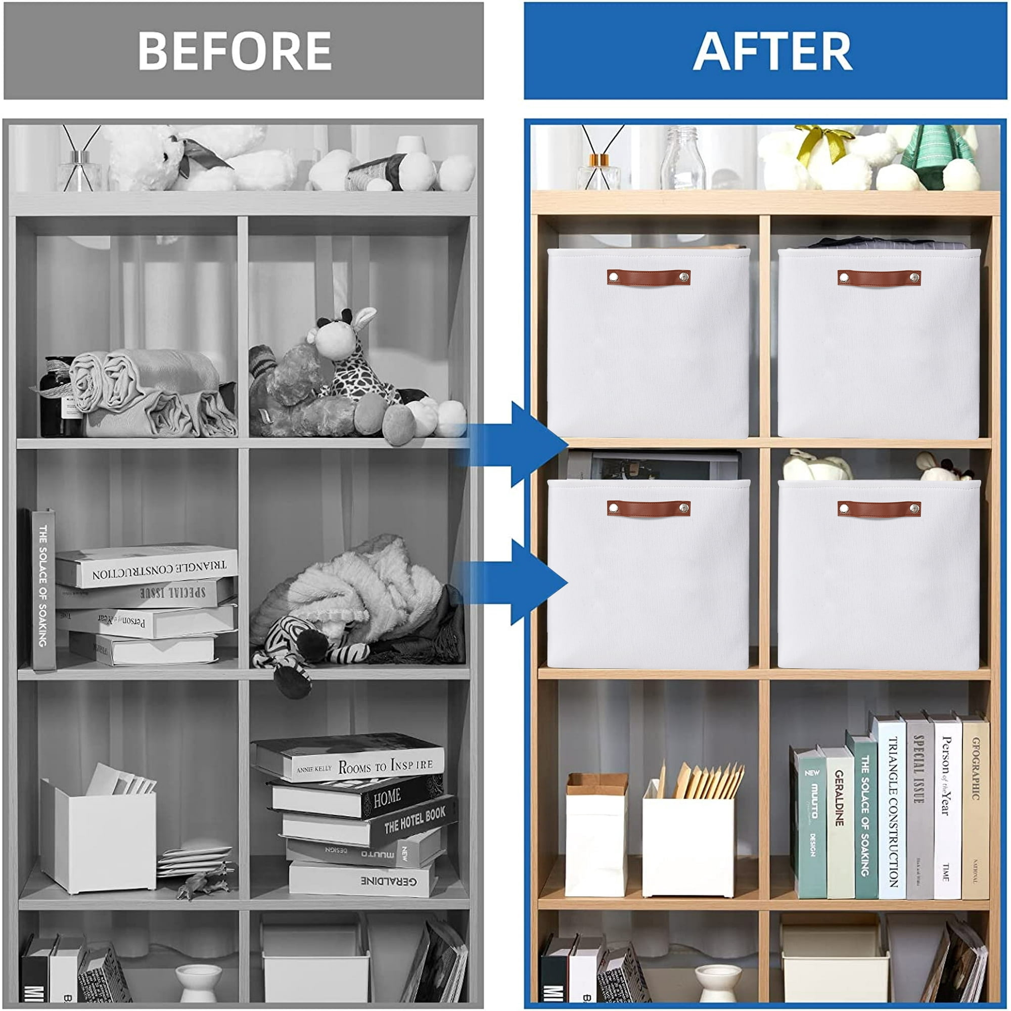Tegance 13x13 Storage Cubes Baskets 4 Pack Fabric Cube Storage Bins Large Storage Baskets with Leather Handles,Decorative Storage Boxes for Organizing Shelves(White)