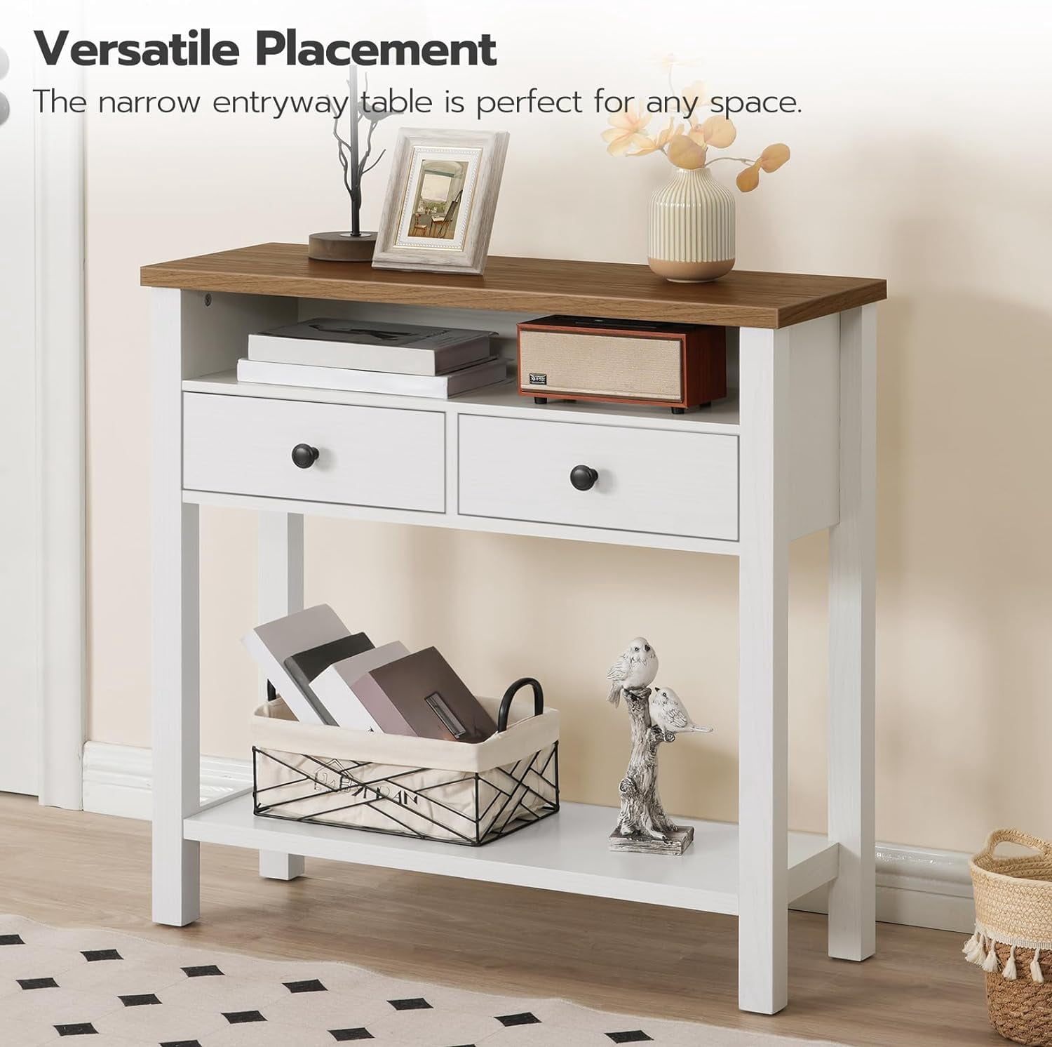 HOOBRO Farmhouse Entryway Table with 2 Drawers, White and Walnut