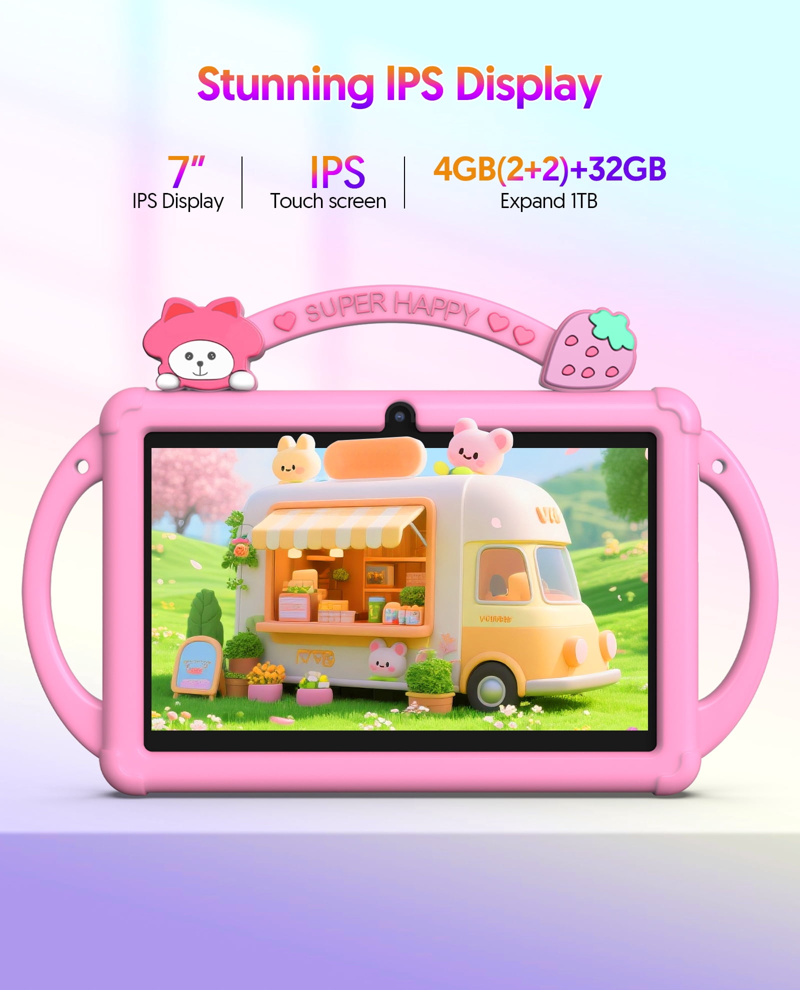 Kids Tablet, 7 inch Android 13 Tablet, Quad Core CPU, 4GB(2G+2G)RAM+32GB ROM, 1024 x 600 IPS, WiFi, Bluetooth（Pink）