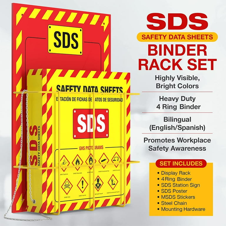 SDS Wall Station - 3 Inch 4 Ring Material Safety Data Sheet Binder with SDS  Wire Rack and Display Sign, Chain, Mounting Hardware, SDS Poster, MSDS  Labels - Bilingual Heavy Duty OSHA