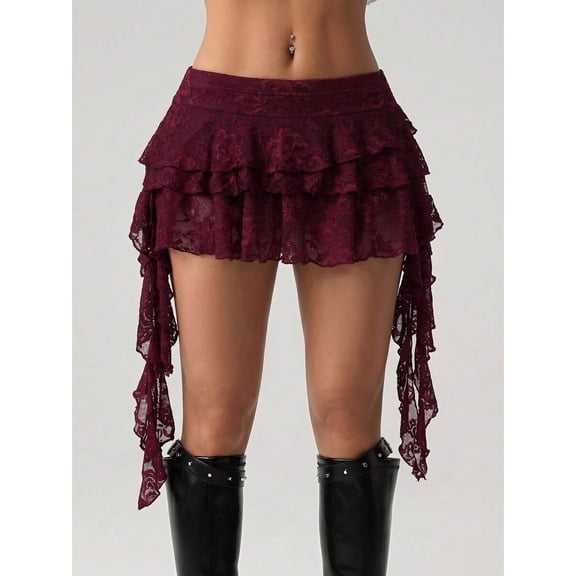Maroon Lace Tiered Ruffle Asymmetrical Mini Skirt With Built-In Shorts