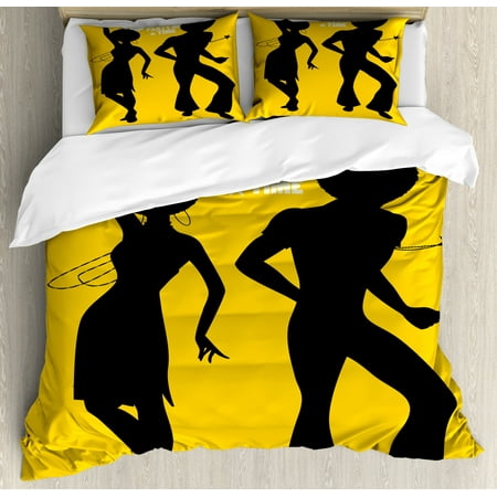 Grey And Yellow Duvet Cover Funky Duvet Cover Set, Soul Party Time Typography with Dancing Silhouettes Afro Retro Disco, Decorative Bedding Set with Pillow Shams, Charcoal Grey Earth Yellow, by Ambesonne ()
