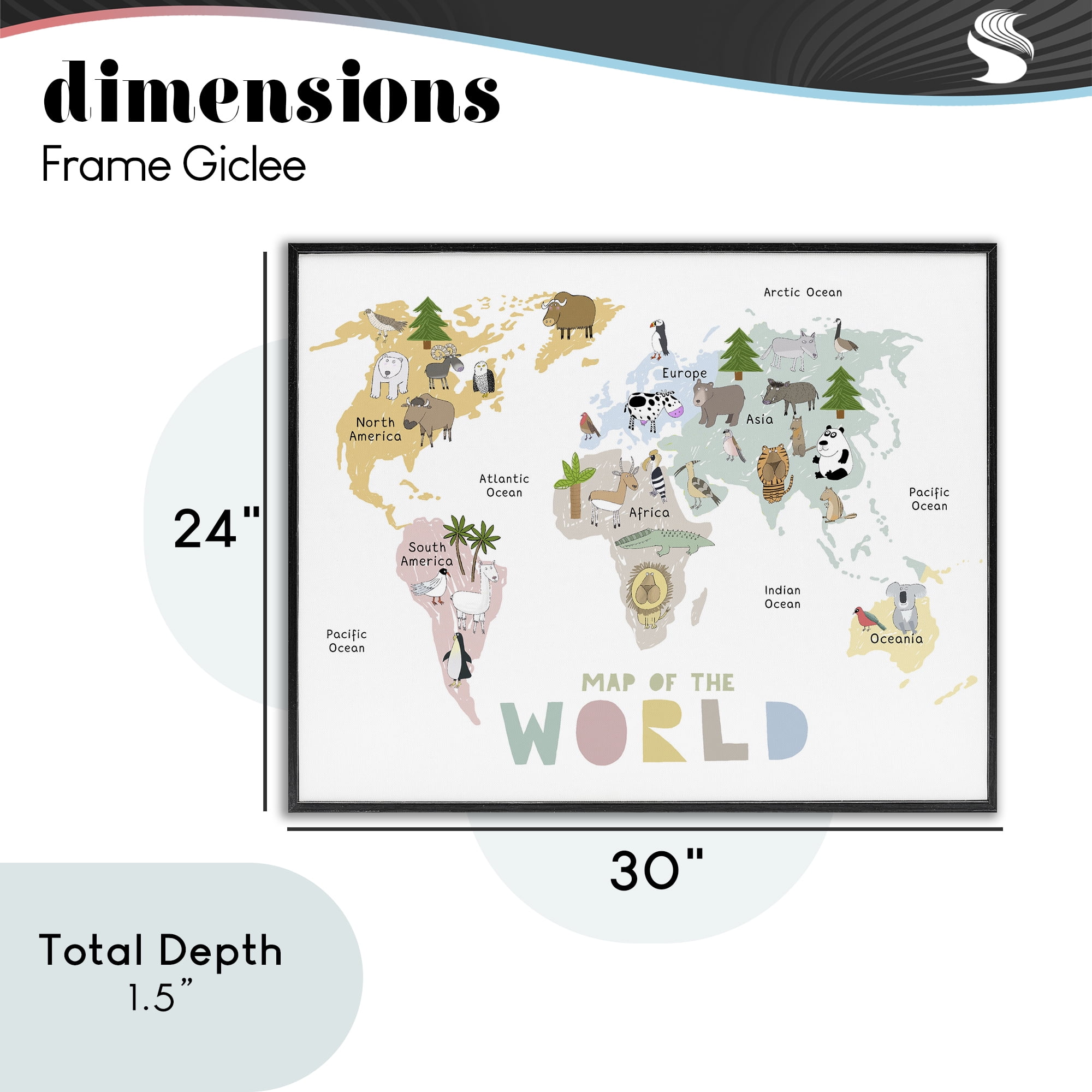 Map Of World Pastel Animals Black Framed Giclee Art, design by Carla Daly