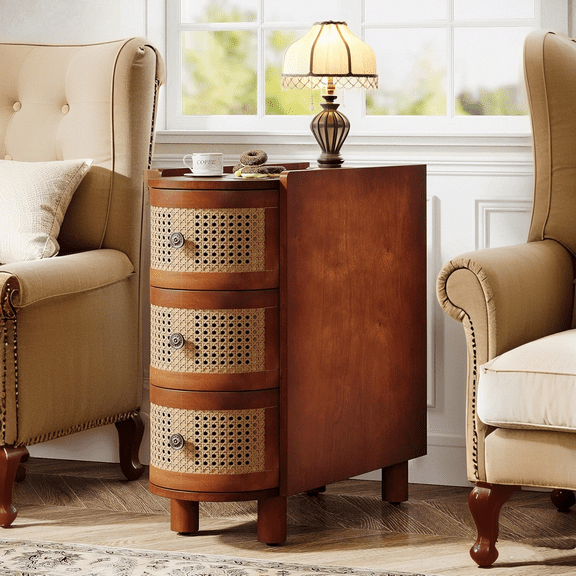 Tribesigns 3-Drawer Rattan End Table, Solid Wood Sofa Side Table with Vintage Embossed Handles for Living Room, Bedroom, No Assembly, Walnut & Oak
