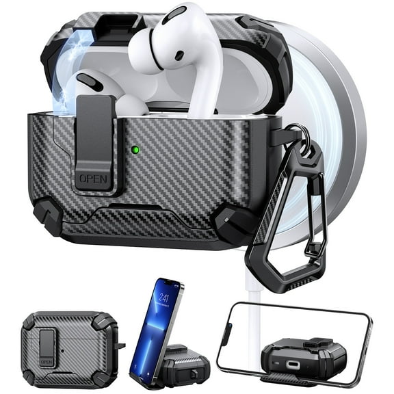 ELEHOLD Rugged AirPods Case For Airpods Pro 2nd Gen (2022), Magnetic Charging Support Carbon Fiber Texture Safety Lock Shockproof Protection Case with Carabiner Clip,Black
