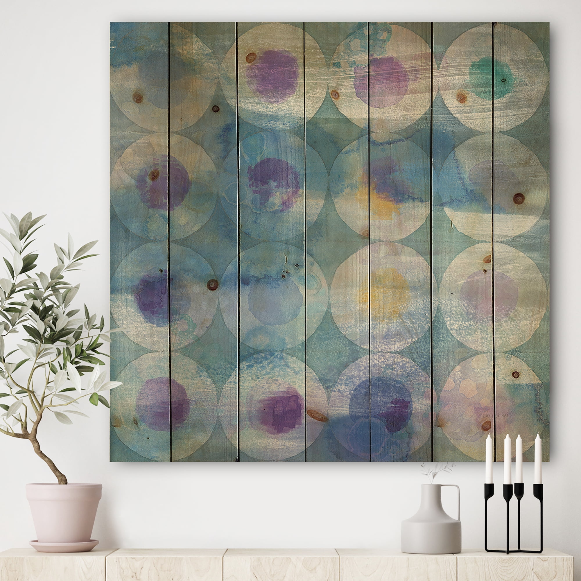 Designart 'Watercolor Geometrical Circles I' Mid-Century Modern Print on Natural Pine Wood