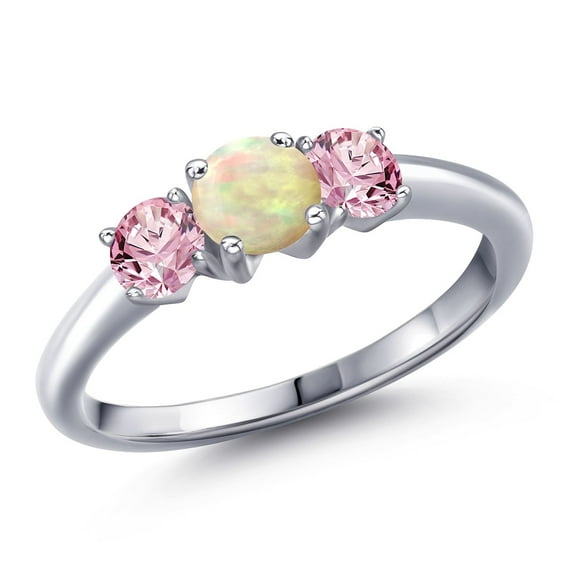 Gem Stone King 925 Sterling Silver White Ethiopian Opal and Pink Lab Grown Diamond Engagement Ring for Women | 0.80 Cttw | Round Cabochon 5MM | Gemstone October Birthstone | Size 9