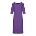 thumbnail image 4 of SELONE Boho Dress for Women Midi Length Linen Short Sleeve Fashion Round Neck Loose Solid Mid Calf Long Midi Dresses Plus Size Dress for Everyday Wear Beach Vacation Day to Night Purple XXXXXL, 4 of 8