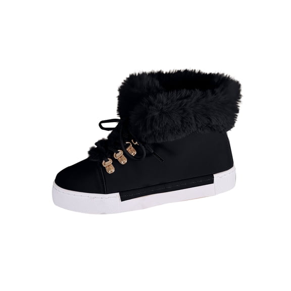 Dasayo Furry Women Boots Footwear Black Ankle Hiking Lace up Winter Faux Leather Flat Heel Shoes Ladies Shoes 36