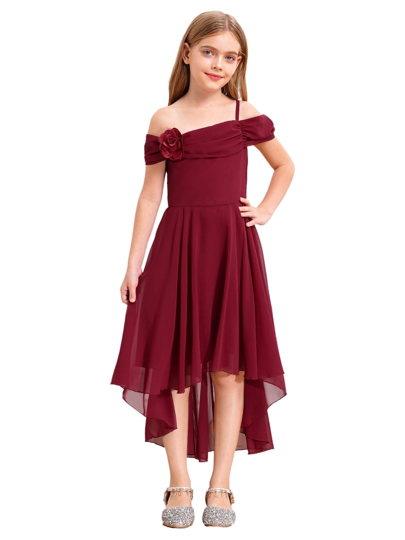 Yartina Girls 3D Applique Bridesmaid Dress Off Shoulder Irregular Hem  Wedding Birthday Formal Dress Burgundy 6
