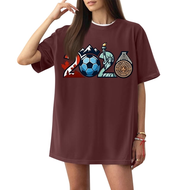 Women's Football Graphic T-Shirt, Women's Soccer Letter Print Short Sleeve T-Shirt - Casual Summer Neck Top for Sports Fans, Everyday Wear for Soccer Tournament 2026 Wine Size: S