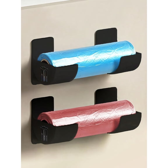 4pcs No-Drill Kitchen Storage Rack with Adhesive Hooks, Space-Saving Organizer for Foil Wraps, Trash Bags, and Kitchen Essentials, Wall-Mounted & Cabinet Door Storage Solution, Black