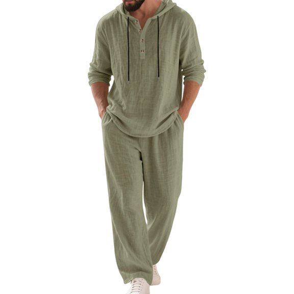 Men's Linen Blend 2 Piece Outfit Hooded Henley Shirt Drawstring Wide Leg Pants Set Green S