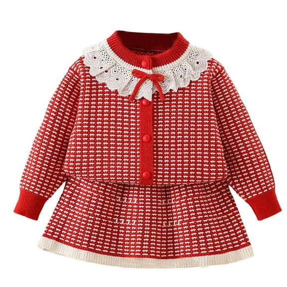 Zshosam Girls Skirt Fall Girls Elegant Cable Knit Sweater Outfit Knit Cardigan and Skirt Sets Size 5T 6T,(Red 5-6 Years)
