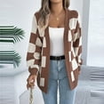 thumbnail image 6 of Checkered Jackets for Women, Plaid Color Block Long Sleeve Knit Cardigan Sweater Open Front Button Loose Outerwear New Plus Size Cardigan Fall Coffee L, 6 of 8