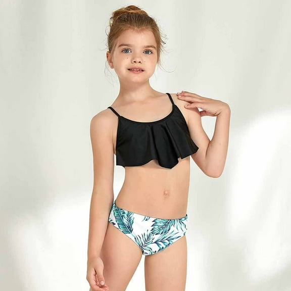 Odeerbi Kids Girls Ruffle Bikini Sets Two Piece Swimsuit Baby Children's Swimwear Scollop Sleeveless Split Swimsuit Bikini Bathing Suit Swimming Set Black 10 Years